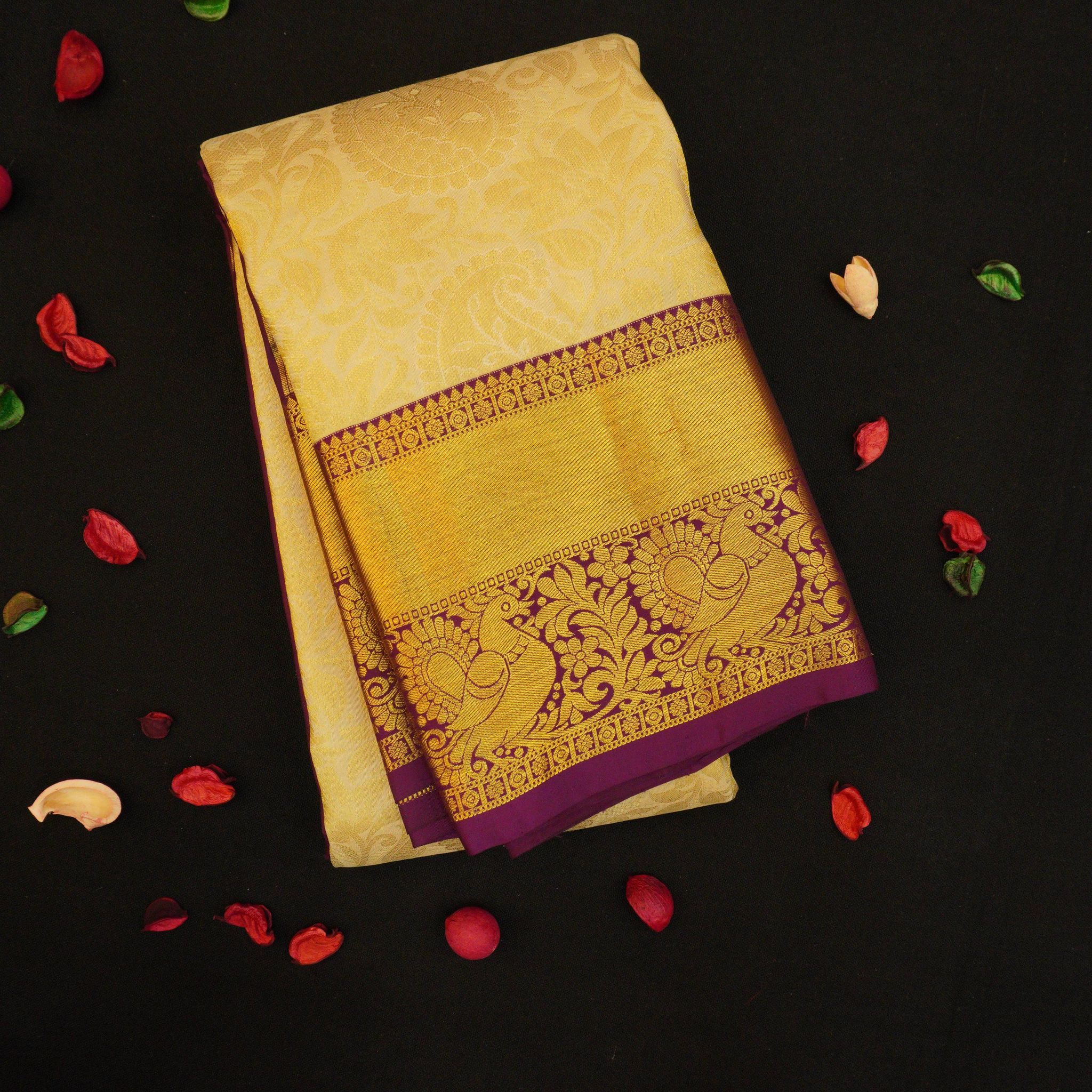 Half White Bridal Kanchipuram Silk Saree with Purple Border - Bridal Collections