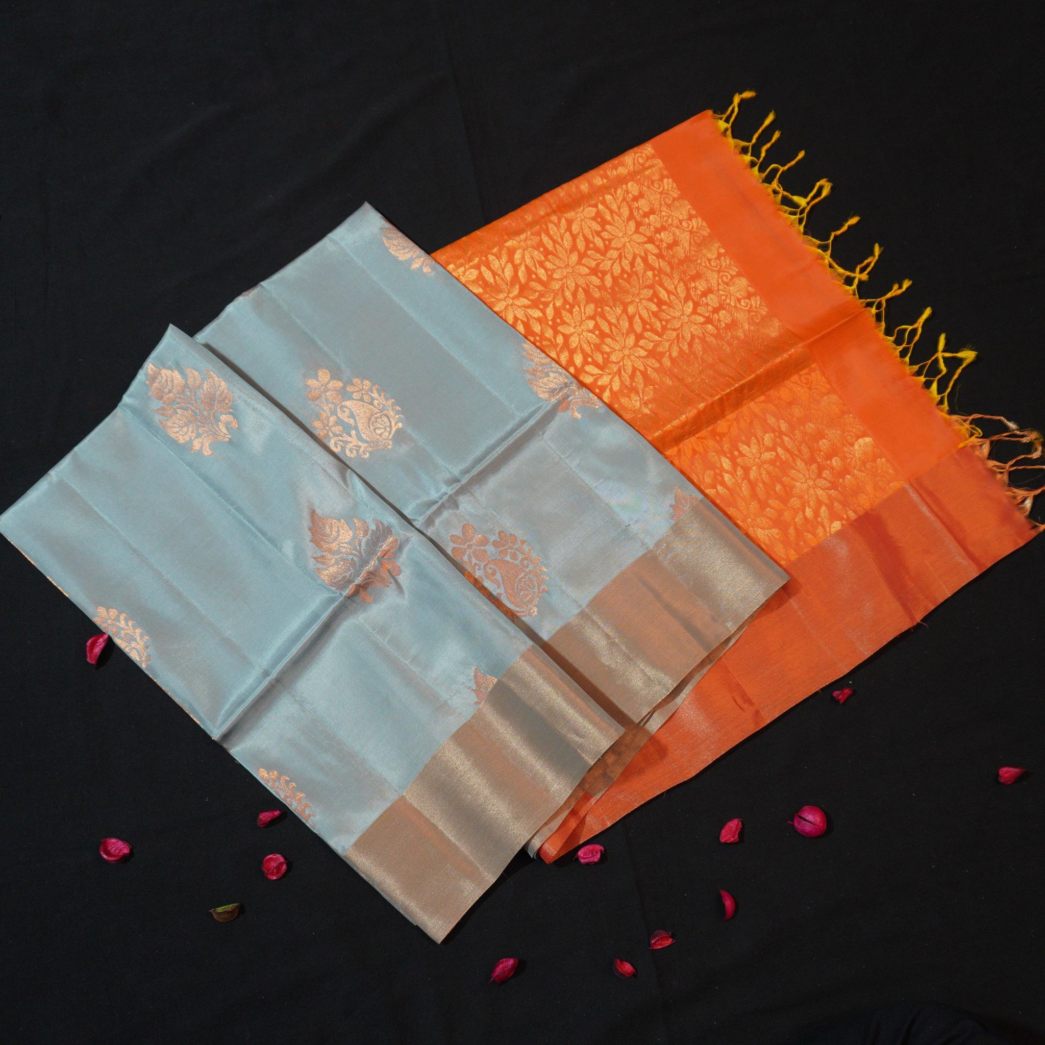 Trendy Pastel Blue & Orange Pallu Kanchipuram Soft Silk Saree