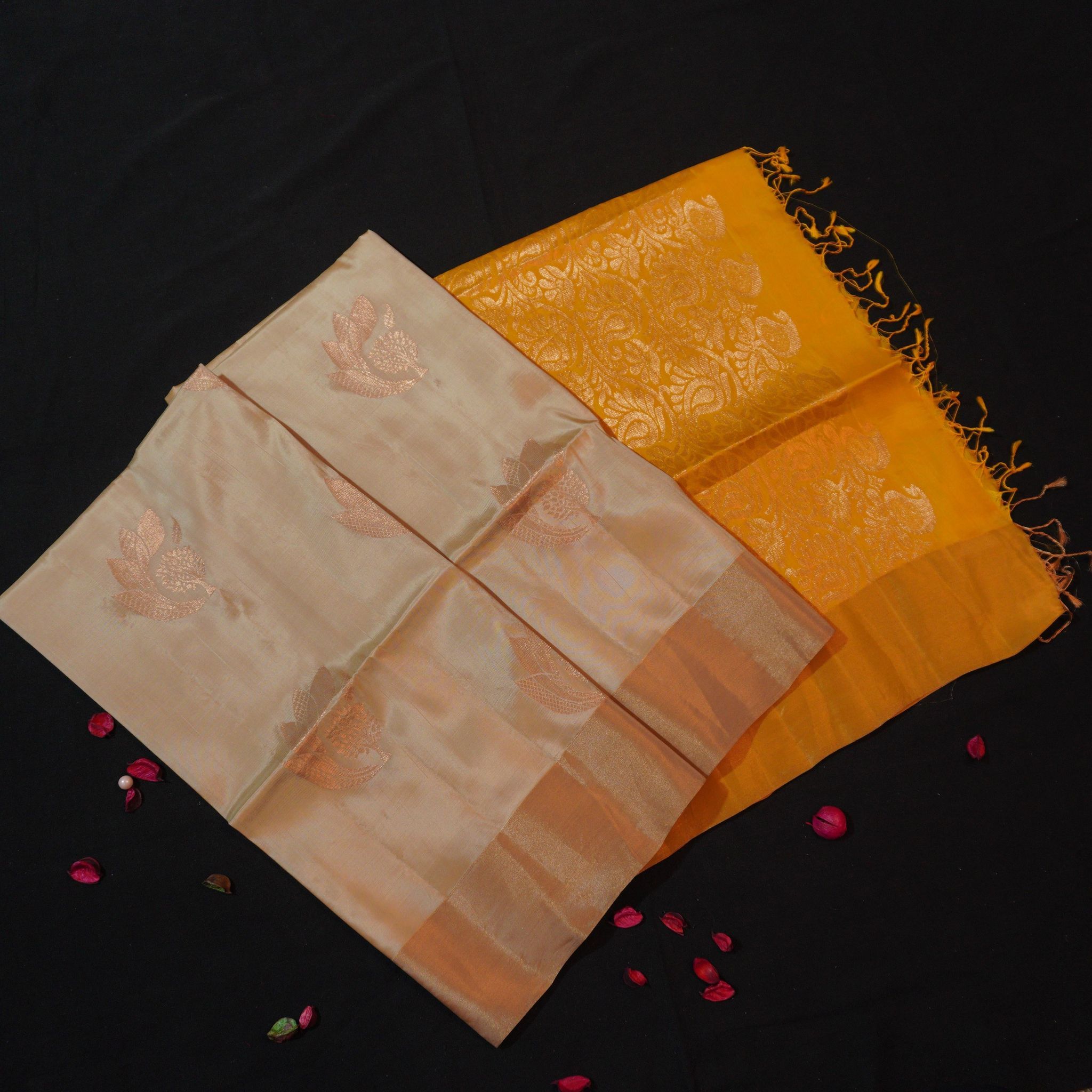 Trendy Beige Color Kanchipuram Soft Silk Saree in Copper Zari