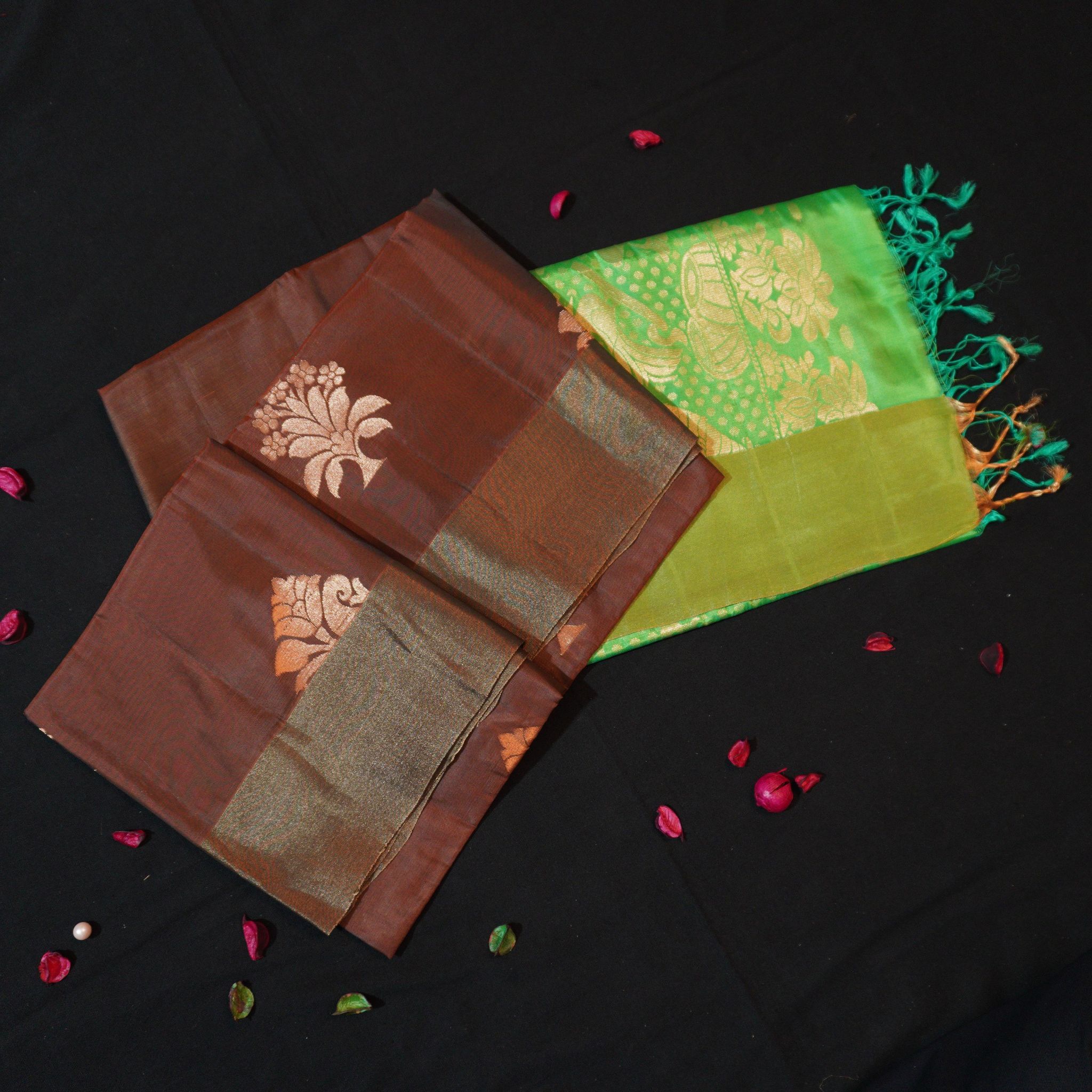 Chocolate Brown Kanchipuram Soft Silk Saree with Green Pallu