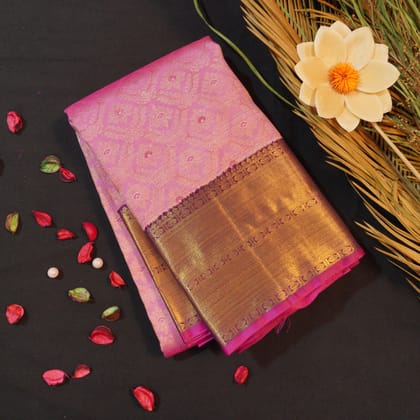 Exquisite Pink and Purple Border Bridal Kanchipuram Handloom Silk Saree - Vivaaha Silks