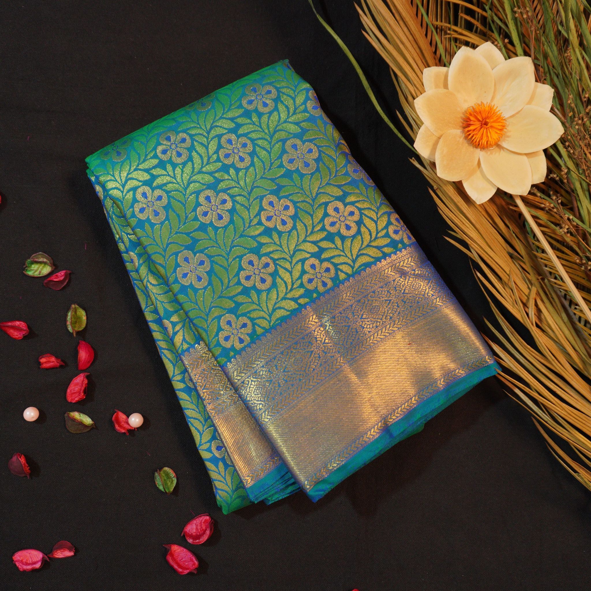 Palette of Peacock Blue & Bottle Green Bridal Kanchipuram Handloom Silk Saree - Vivaaha Silks"