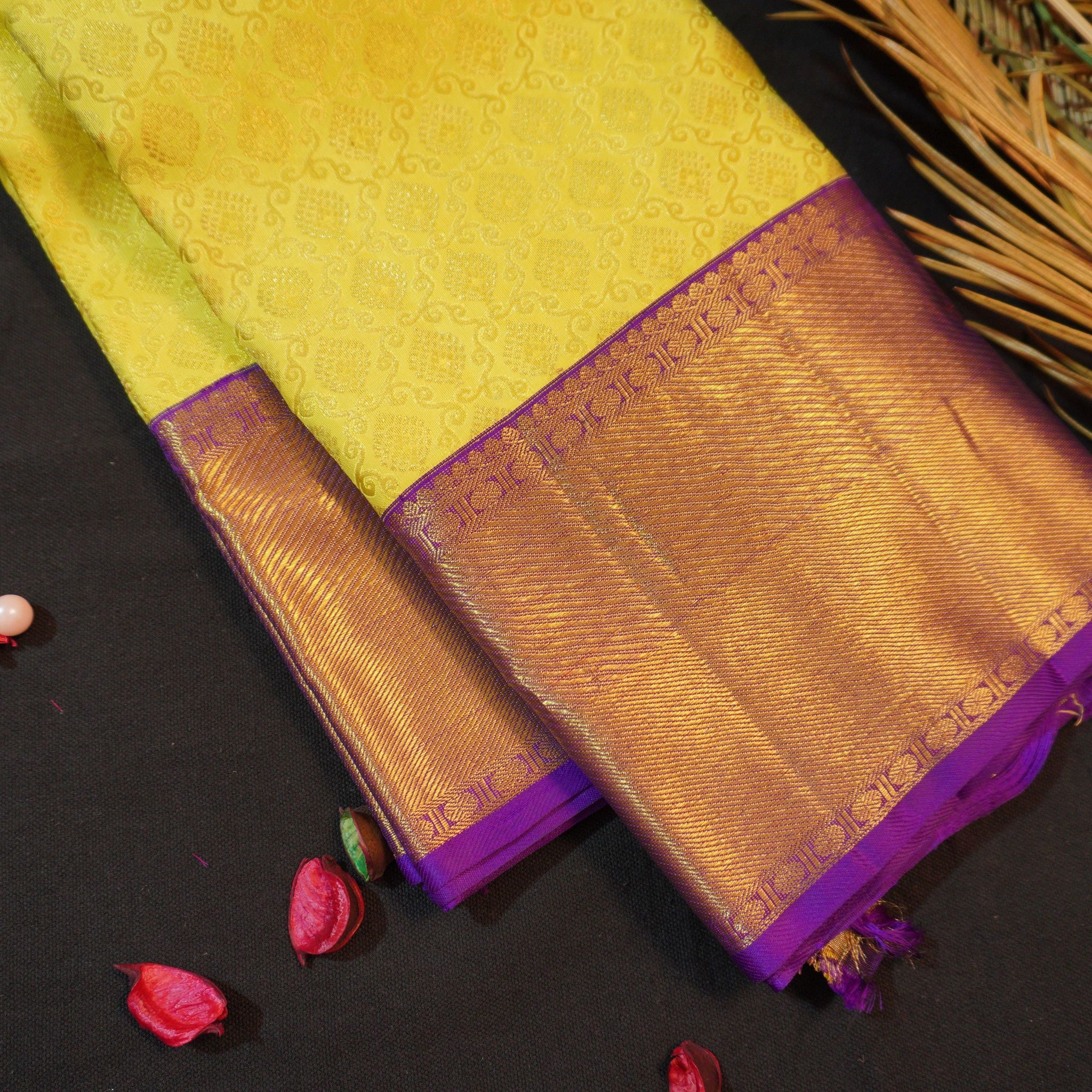 Radiant Lemon Yellow & Violet Bridal Kanchipuram Handloom Silk Saree | Vivaaha Silks