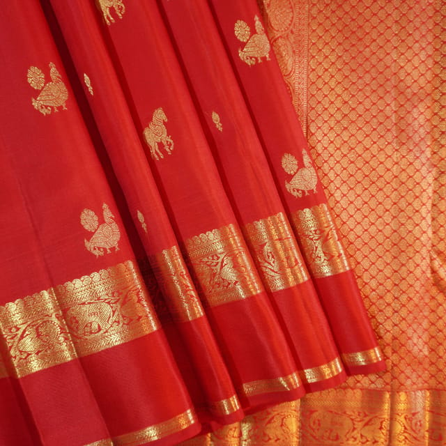 Peacock Chakram Zari Motif Chilli Red Kanchipuram Silk Saree – Sundari Silks