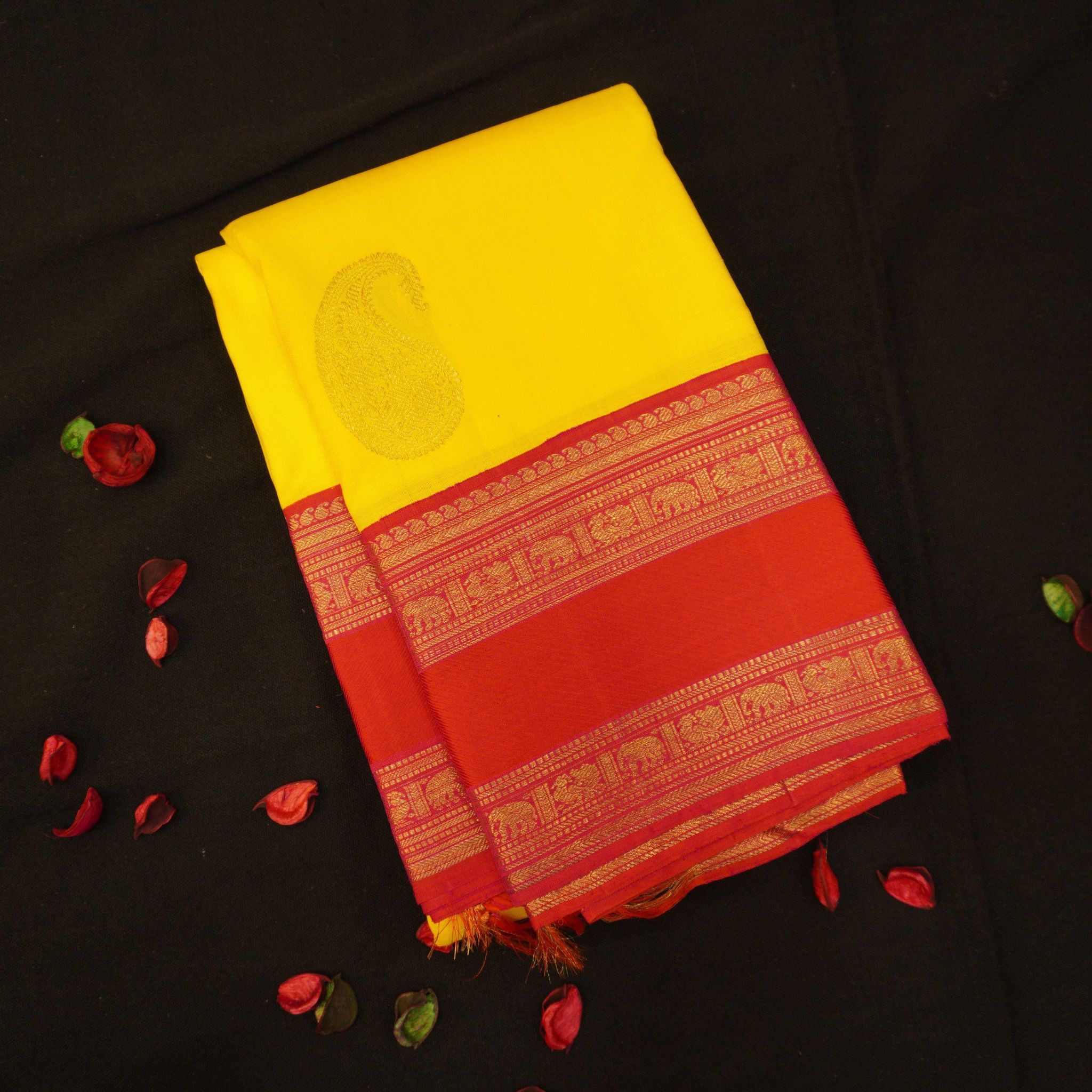 Golden Yellow Kancheepuram Silk Saree Pure Gold Zari