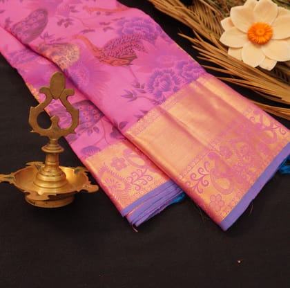 Floral Symphony: Pink and Blue Printed Kanchipuram Silk Saree