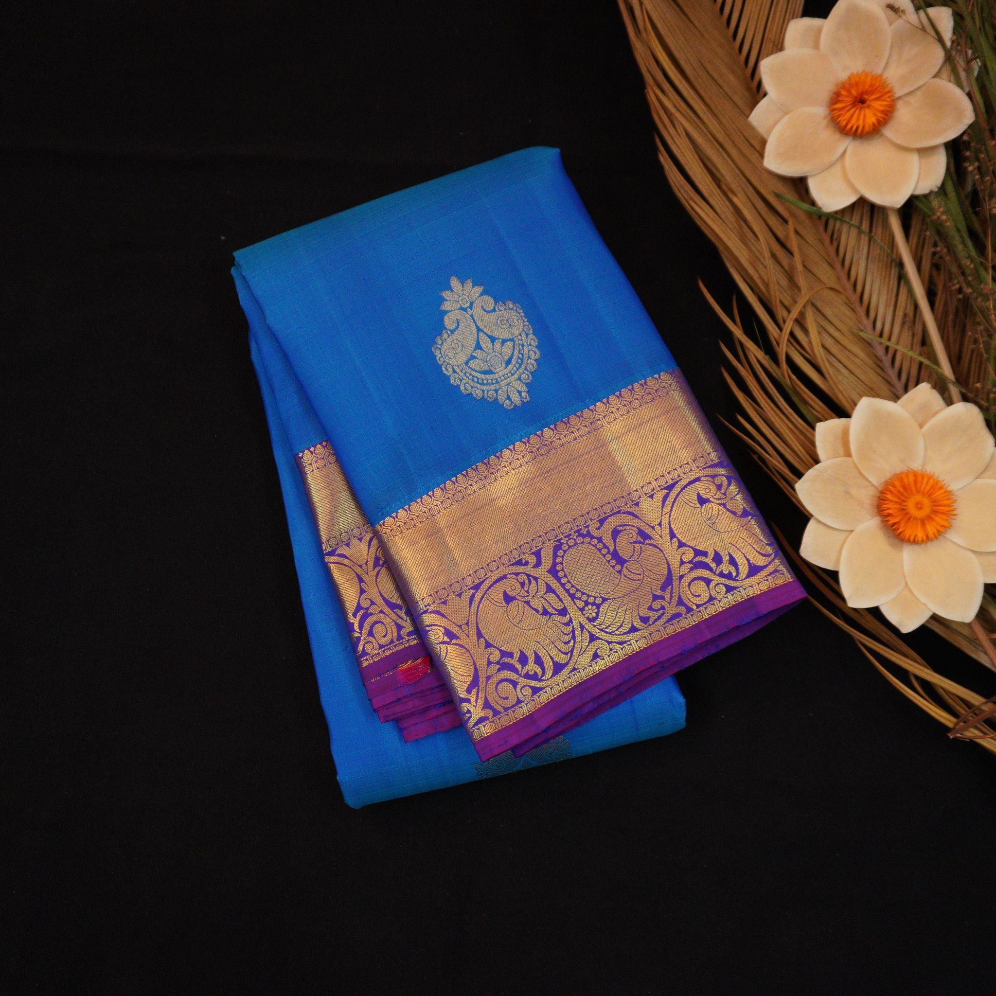 Azure Blue Kanchipuram Silk Saree | Violet Border & Pallu