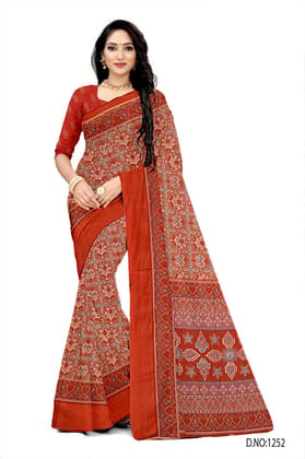 BEAUTIFUL SOFT COTTON ORANGE RED SAREE