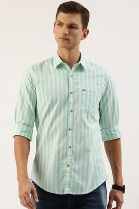 Men Green Slim Fit Stripe Full Sleeves Casual Shirt