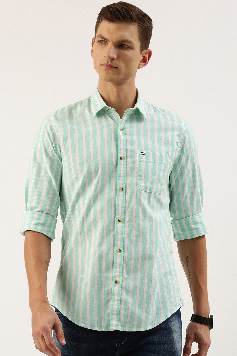 Men Green Slim Fit Stripe Full Sleeves Casual Shirt