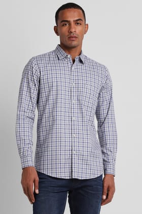 Men Blue Slim Fit Check Full Sleeves Casual Shirt