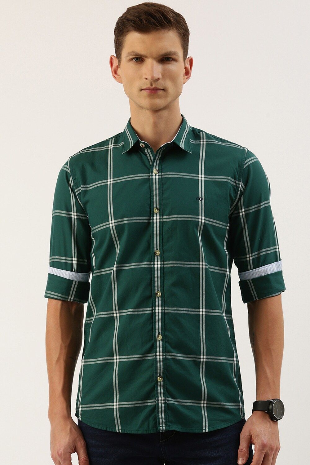 Men Green Slim Fit Check Full Sleeves Casual Shirt