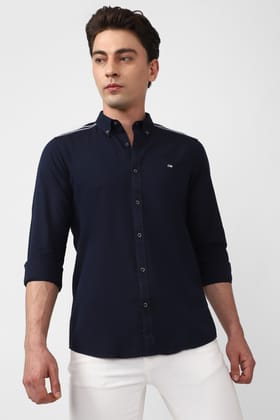 Men Navy Slim Fit Stripe Full Sleeves Casual Shirt