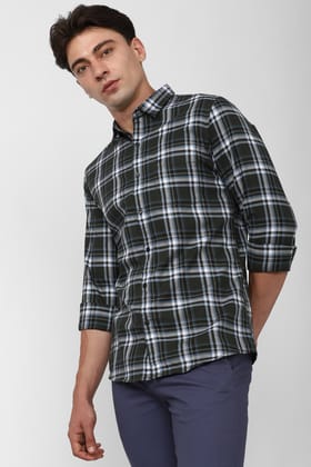 Men Green Slim Fit Check Full Sleeves Casual Shirt