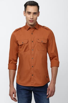 Men Orange Slim Fit Solid Full Sleeves Casual Shirt