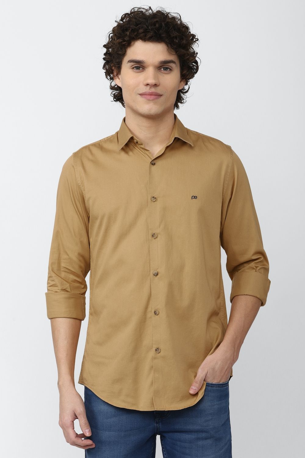 Men Khaki Slim Fit Solid Full Sleeves Casual Shirt