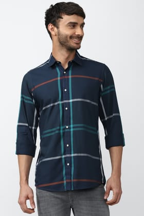 Men Navy Slim Fit Check Full Sleeves Casual Shirt