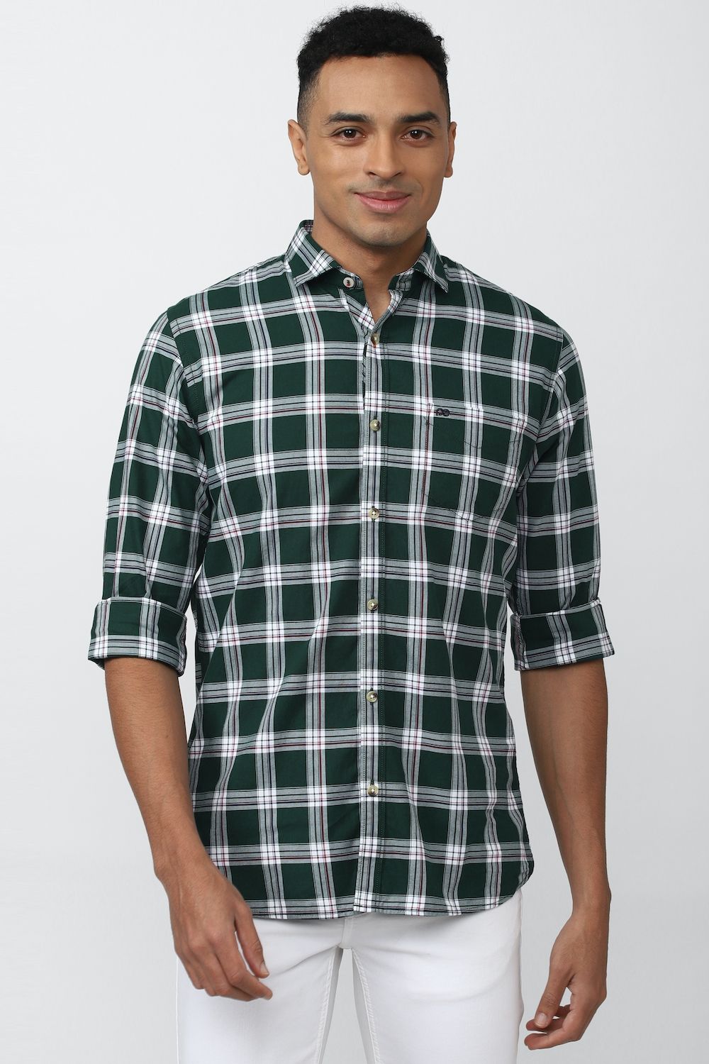 Men Green Slim Fit Check Full Sleeves Casual Shirt