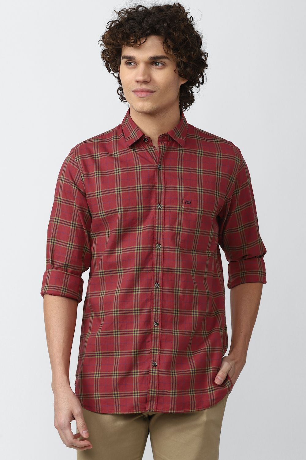 Men Red Slim Fit Check Full Sleeves Casual Shirt