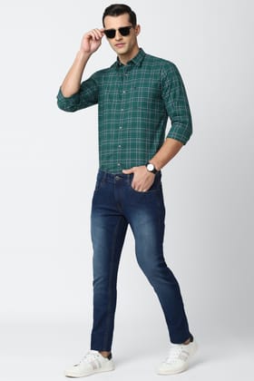 Men Green Slim Fit Check Full Sleeves Casual Shirt