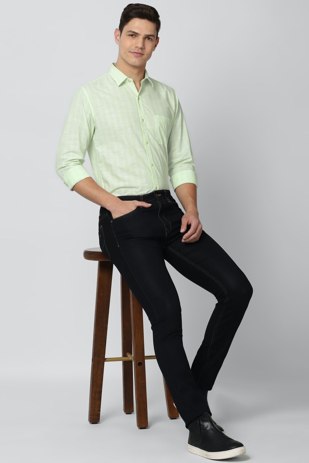 Men Green Slim Fit Stripe Full Sleeves Casual Shirt