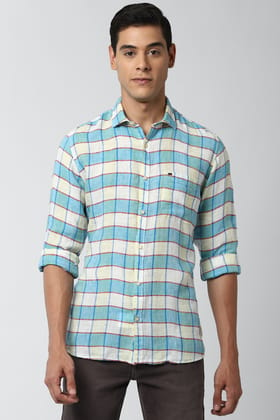 Men Blue Slim Fit Check Full Sleeves Casual Shirt