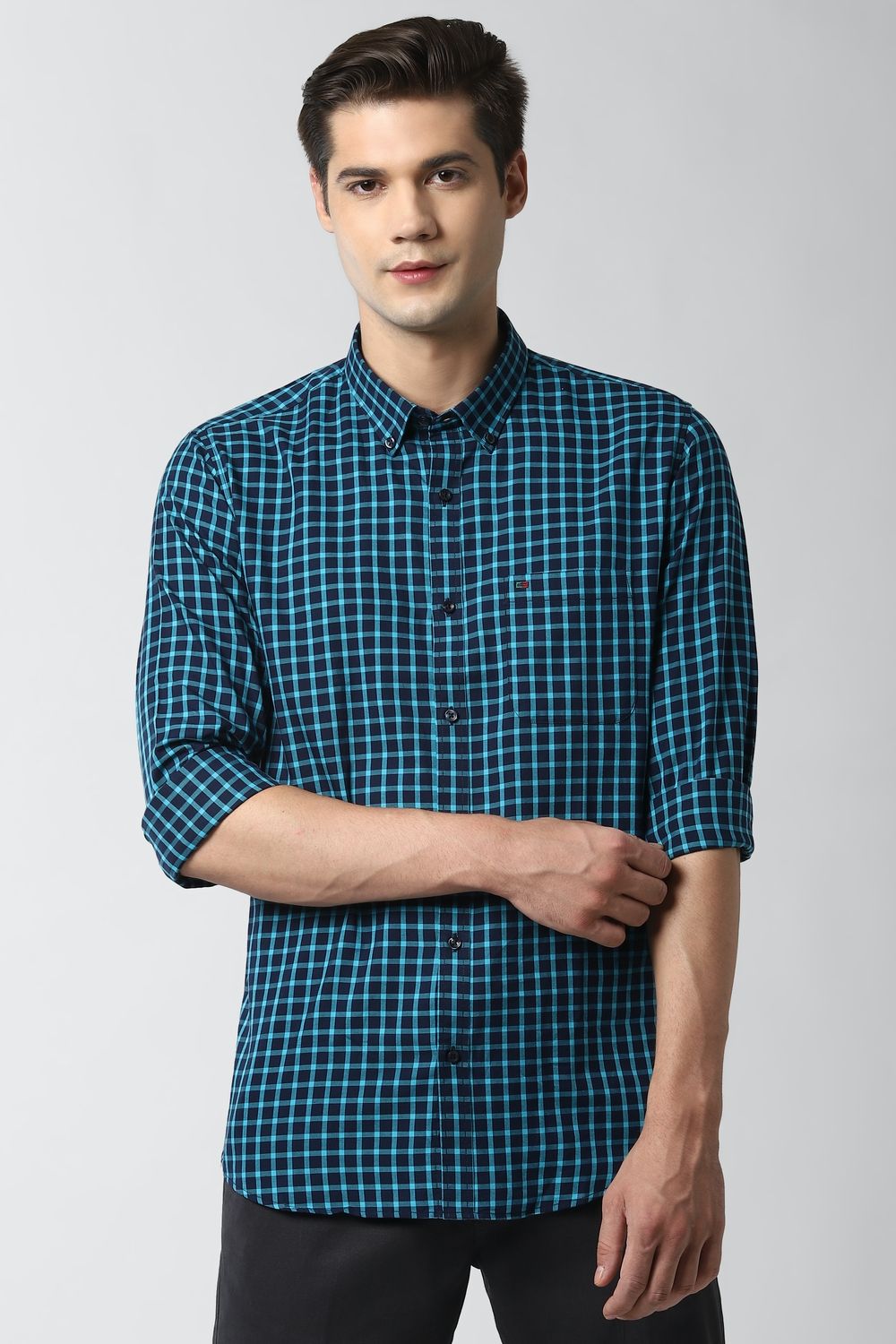 Men Navy Slim Fit Check Full Sleeves Casual Shirt