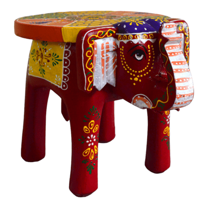 Mangal Murti Design Hand Painted Elephant Stool Multicolored (Red) 8 inches