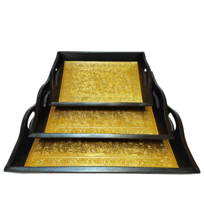 Wooden Brass Serving Tray Set of 3