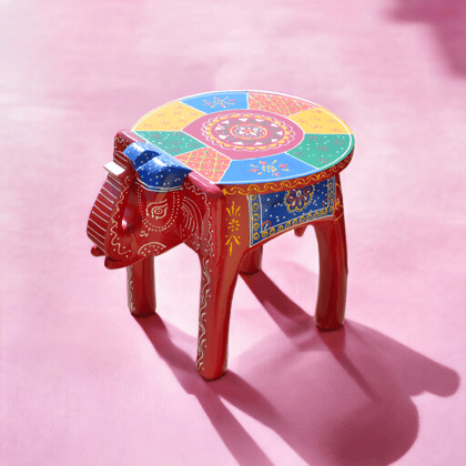 Wooden Hand Painted Elephant Stool / Elephant Table / Side Table ( 12 inches )