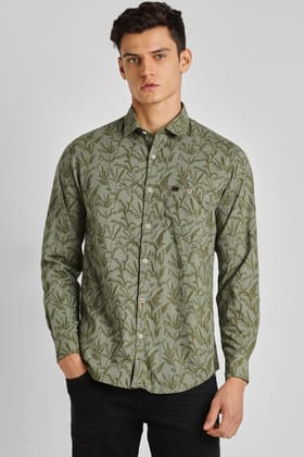 Men Olive Slim Fit Print Full Sleeves Casual Shirt