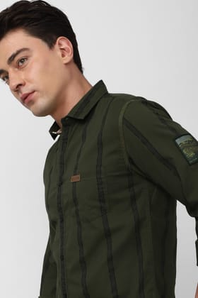 Men Green Slim Fit Stripe Full Sleeves Casual Shirt