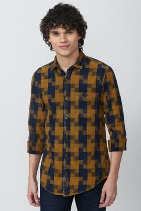 Men Orange Slim Fit Print Full Sleeves Casual Shirt