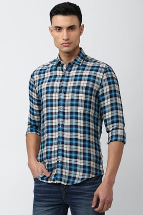 Men Blue Super Slim Fit Check Full Sleeves Casual Shirt