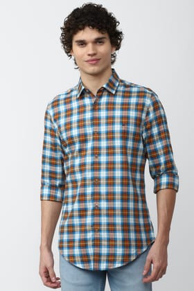 Men Blue Super Slim Fit Check Full Sleeves Casual Shirt