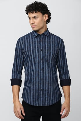 Men Navy Super Slim Fit Stripe Full Sleeves Casual Shirt