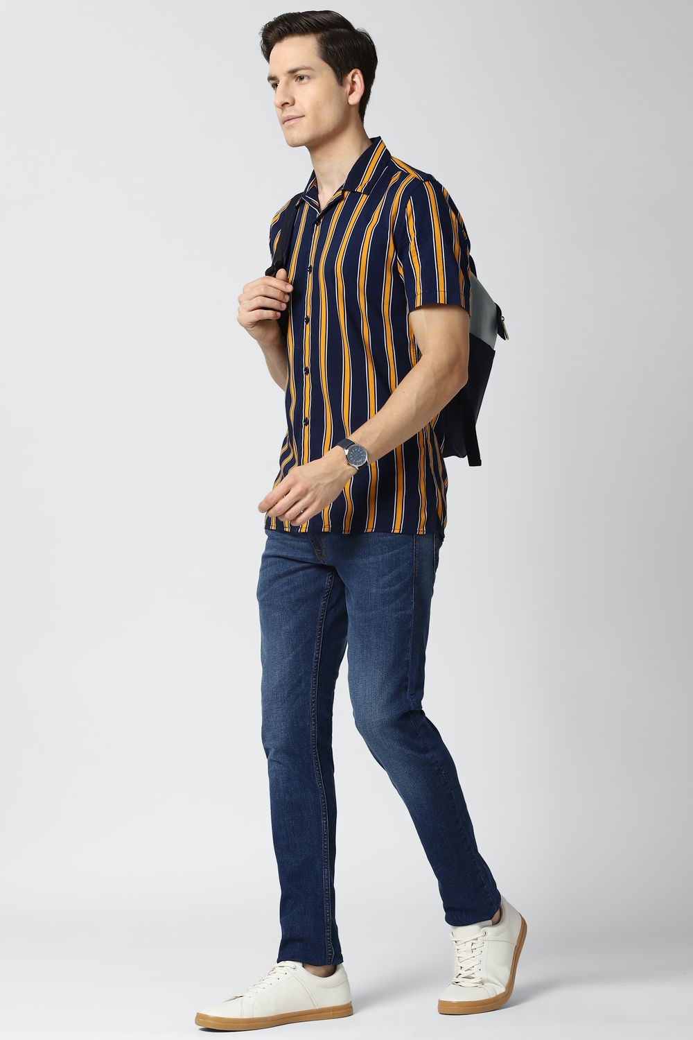 Men Navy Super Slim Fit Stripe Half Sleeves Casual Shirt