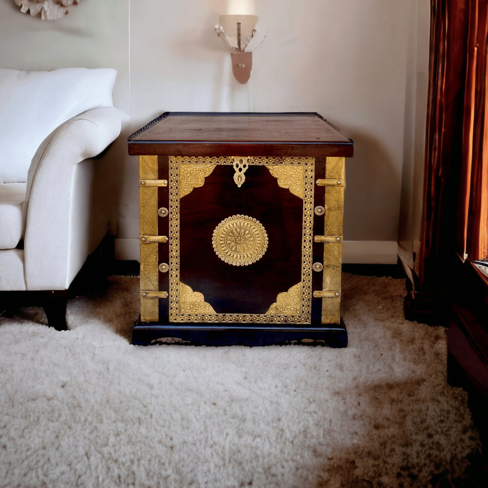 Trunk And Coffee Table, Living Room Storage Box, Polished Box, Wooden Solid Wood Brass Fitted Trunk FLORAL TRRUNK