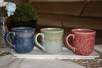 Collectibles India Elegant Ceramic, Big and Beautiful Design Mugs/Cups (Pack of Three) to Hold Your Favourite hot and Cold Beverage Like Coffee, Tea, Milk and Soup- (3.5x4 Inch, Bold and Beautiful)