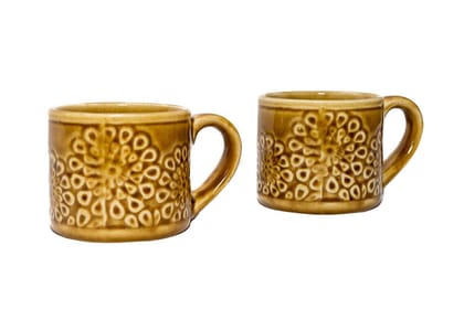 COLLECTIBLES INDIA Ceramic Mustard Brown and Beautiful Design Pair of Mugs/ Cups to Hold Your Favourite hot and Cold Beverage Like Coffee, Tea, Milk