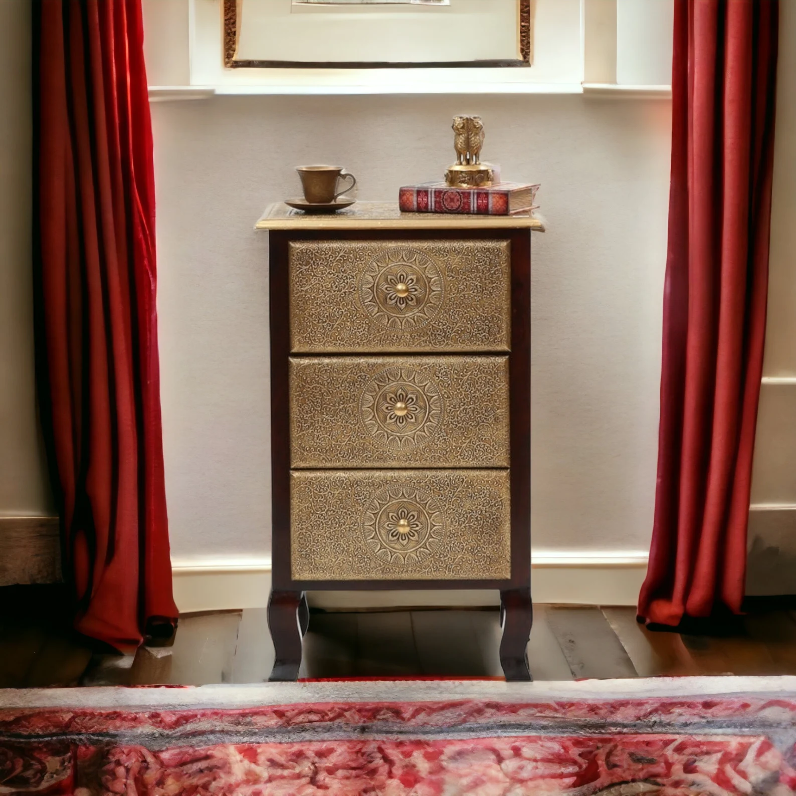 Bed side Brass Fitted 3 Drawer chest / Living Room/ Bed Room / Brown Finsh/ Handmade/table