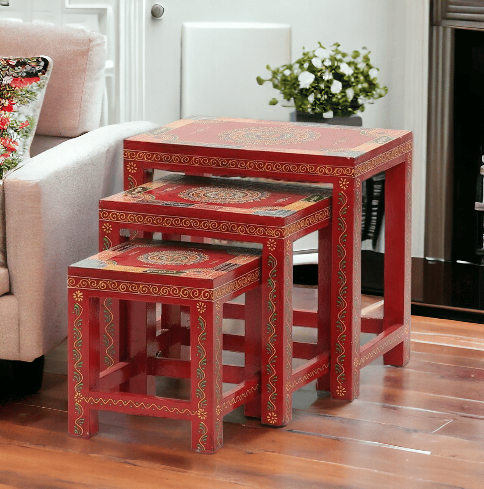 Wooden Hand Panted Nested Stool Set of 3 / Living Room / 3 Stools