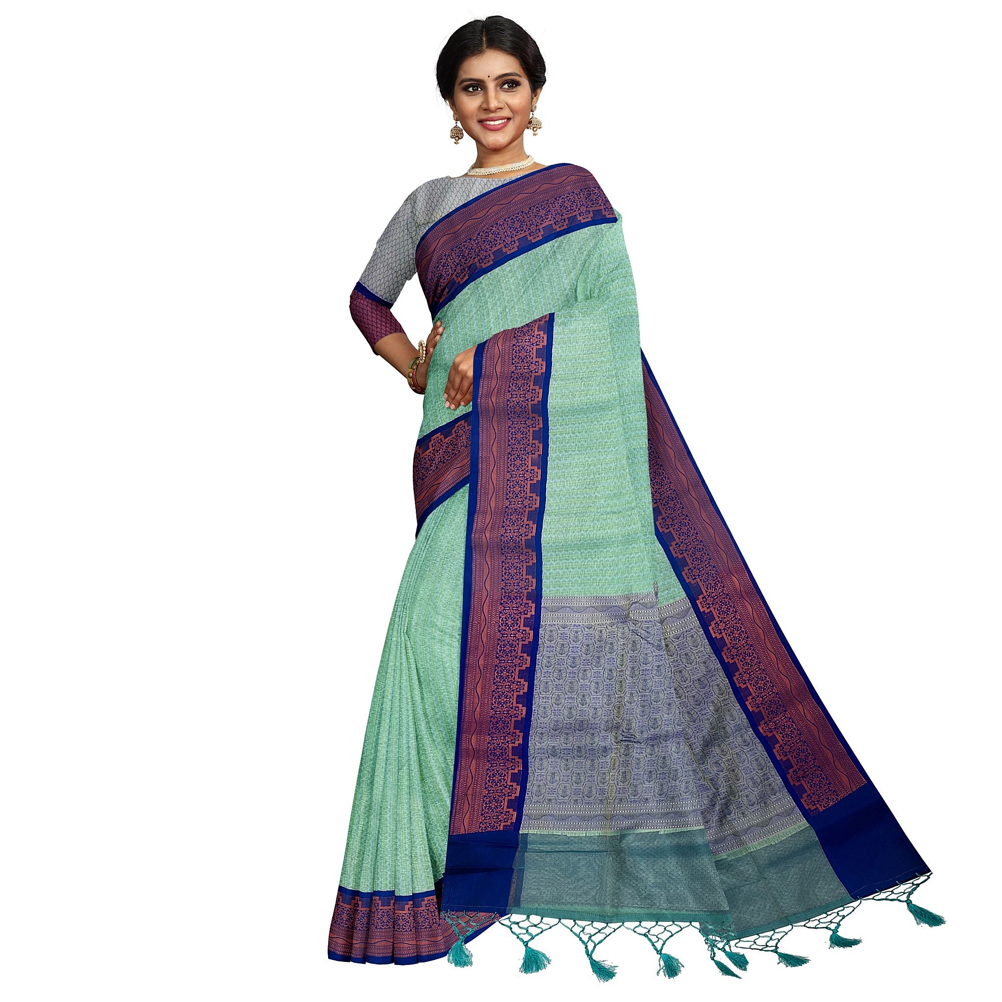 Seafoam Green Color Soft Kora Muslin Saree with Unstitched Blouse