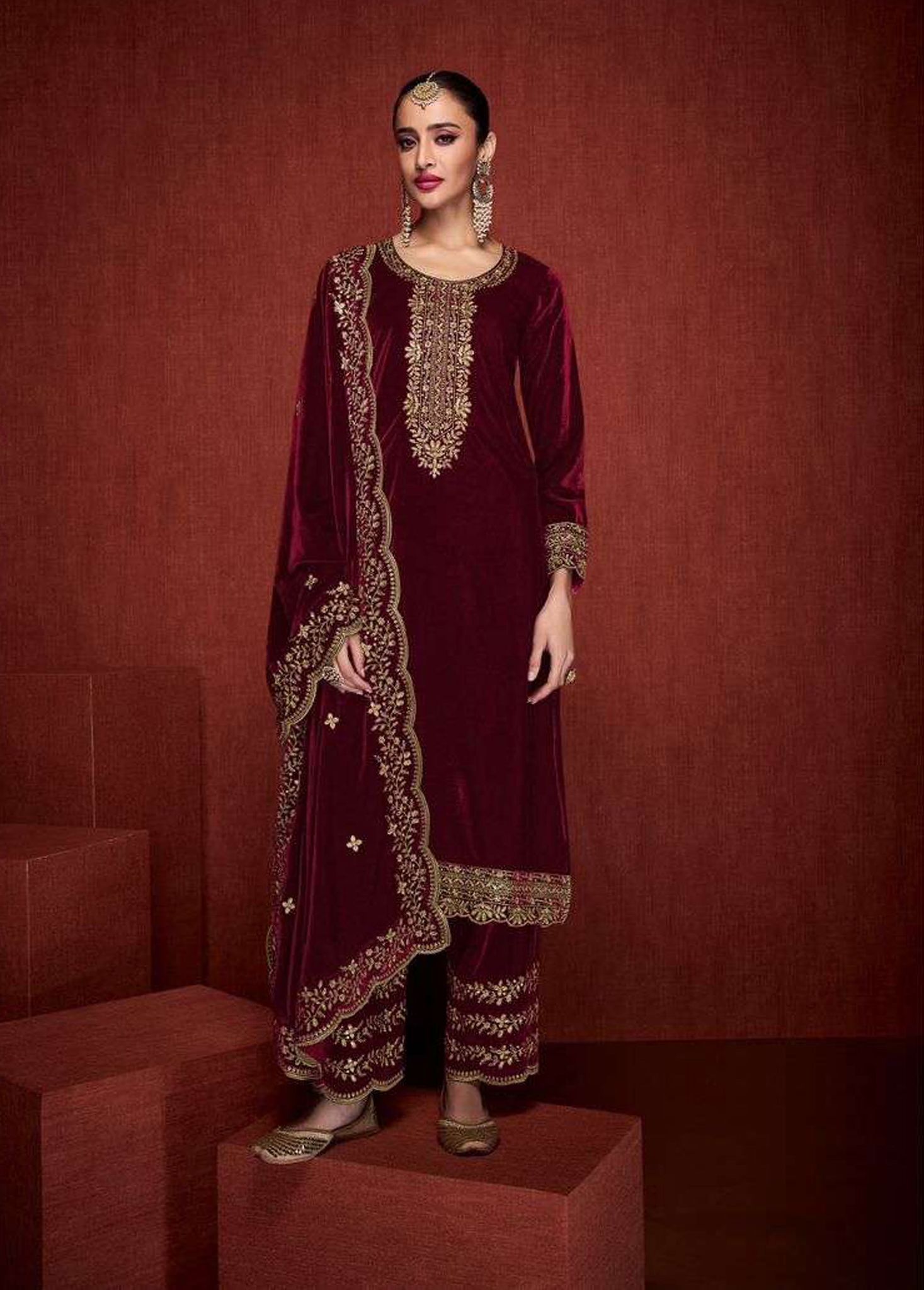 Lorenvelley Fashion Maroon Velvet Salwar Suit Material Embroidered