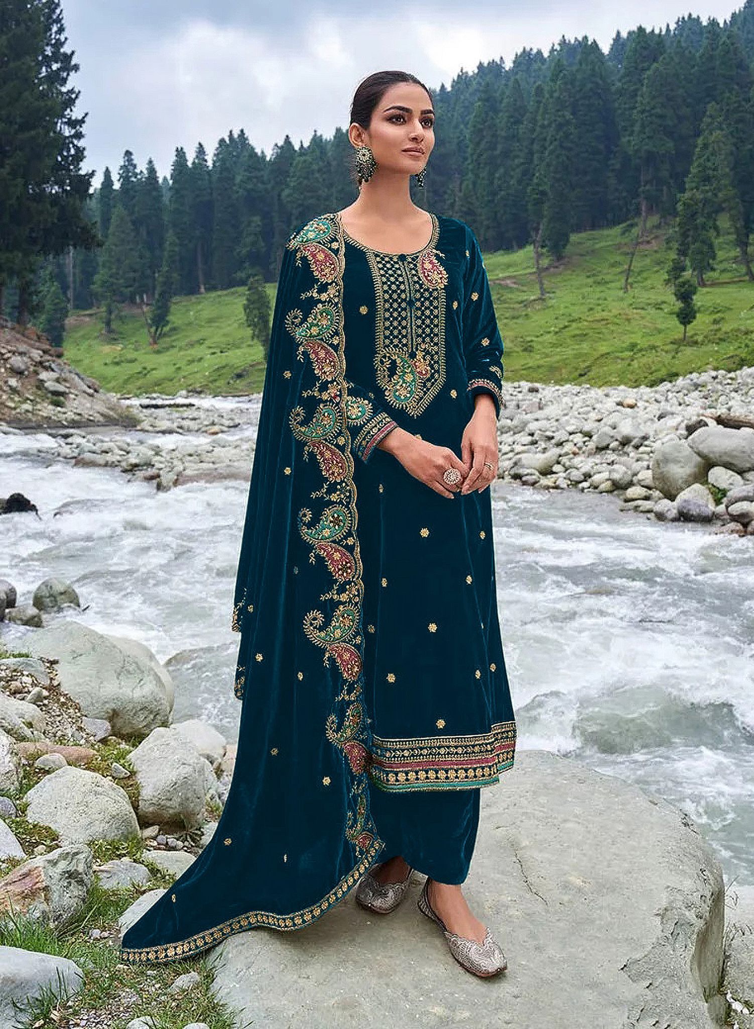 Lorenvelley Fashion Rama Velvet Salwar Suit Material Embroidered