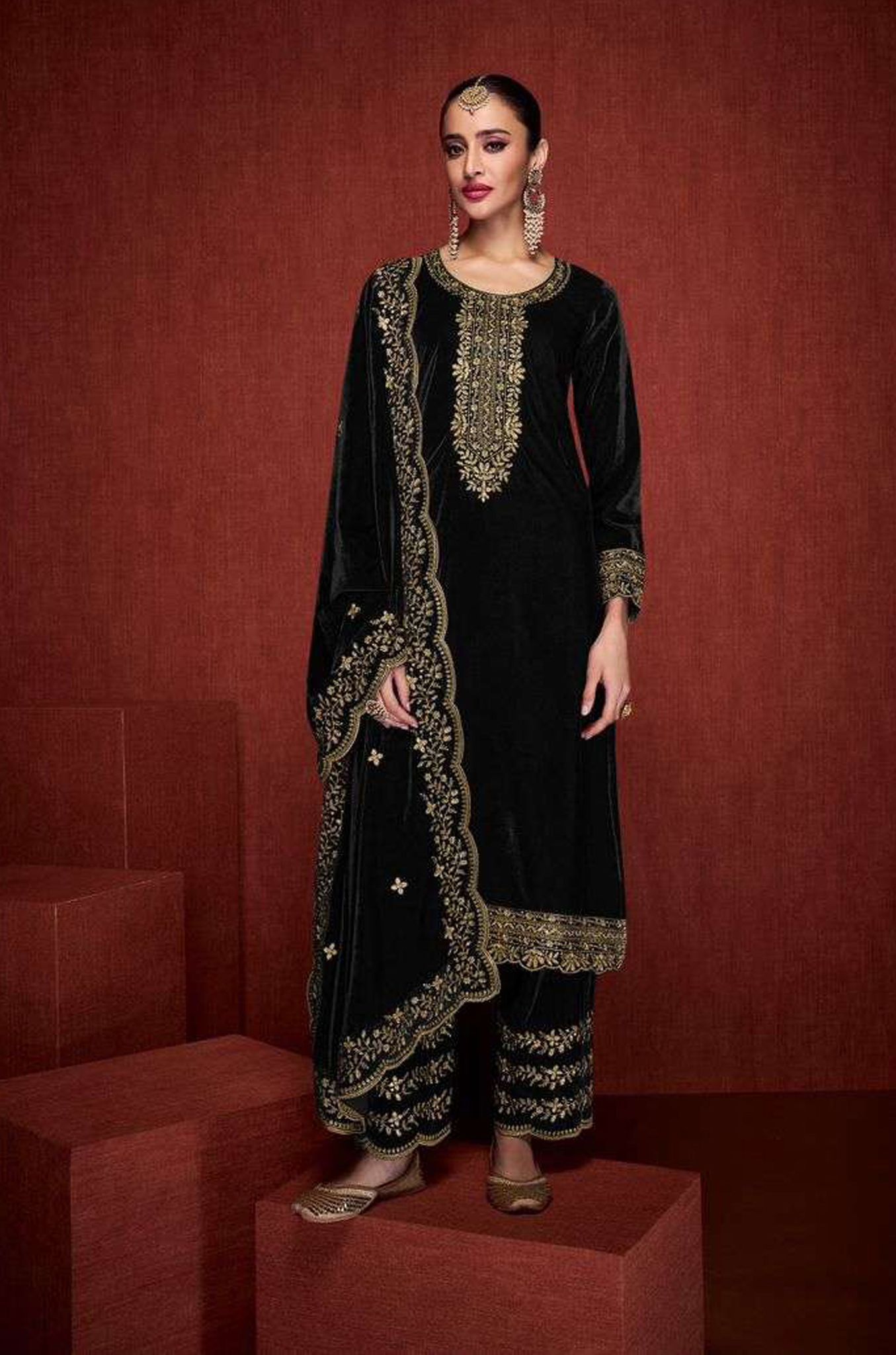 Lorenvelley Fashion Black Velvet Salwar Suit Material Embroidered