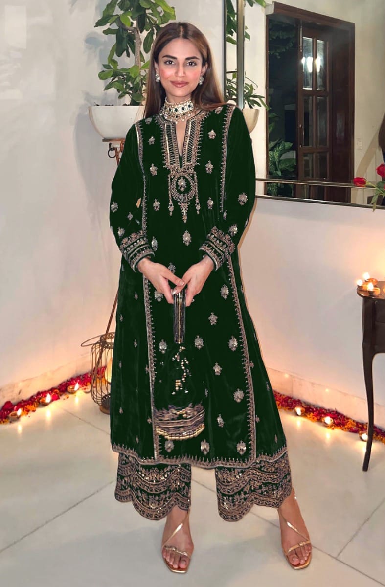 Lorenvelley Fashion Green Velvet Salwar Suit Material Embroidered