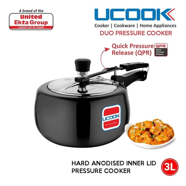 UCOOK By UNITED Ekta Engg. Royale Duo 3 Litre Hard Anodised Aluminium Inner Lid Induction Base Pressure Cooker With Stainless Steel Lid Black