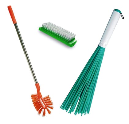 Vimal Maxclean Long Handle Toilet Brush + Tin Tin 20? Bathroom Cleaning Plastic Broom + Lehar MTB Brush Combo Set