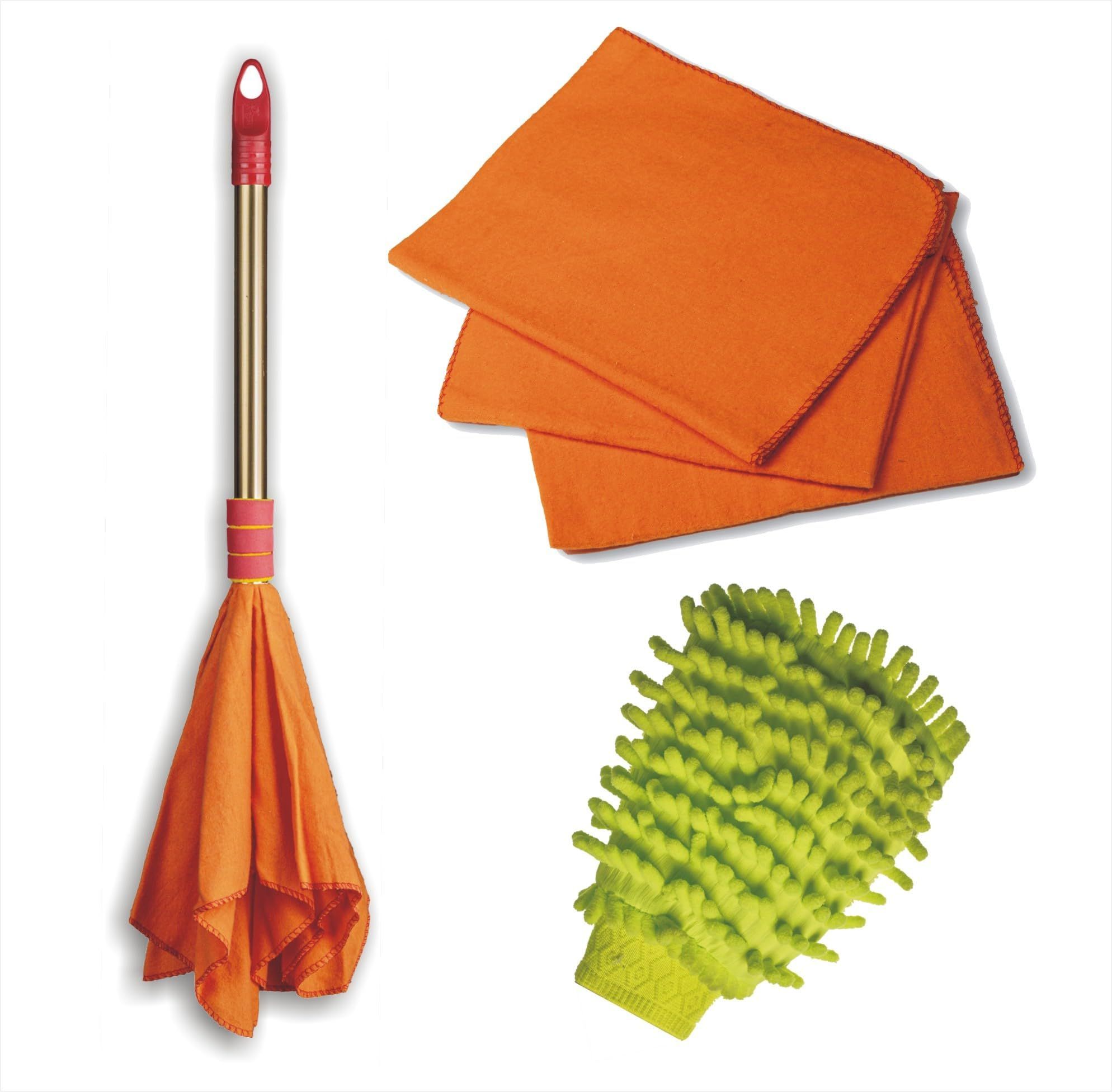 Vimal Dust Cleaning Combo Set of Golden Handle Duster Dust Mop (1 Pc) + Hi-Density Flannel Cloths (3 Pc) + Microfiber Mitt Hand Glove (1 Pc)